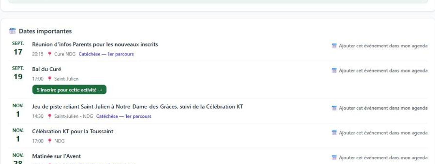 Dates importantes et agenda