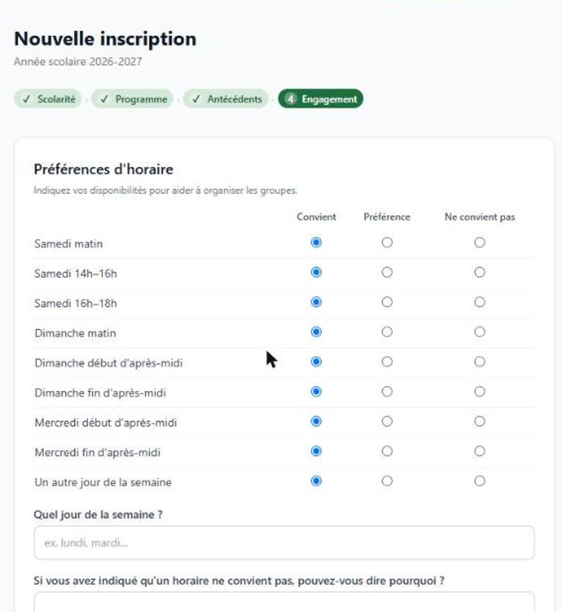 4. Engagement : préférences d'horaire et implication parentale (dont parent-référent)